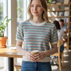 Madison Tash Multicolor Knit Striped Short Sleeve Sweater Top XL